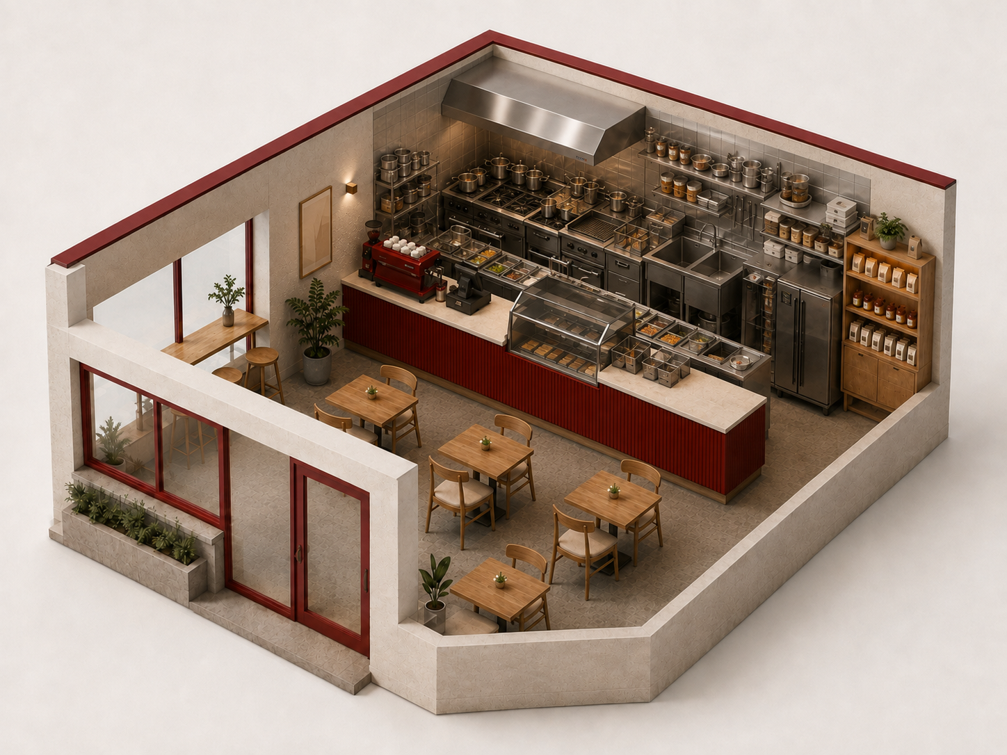 3D cutaway mockup of the So Seoul Café Mini: a long red service counter backed by a full on-site kitchen with range, extraction hood, fryers, prep counters, sink, refrigeration and shelved storage, with around 10 to 12 seats in the dining area.