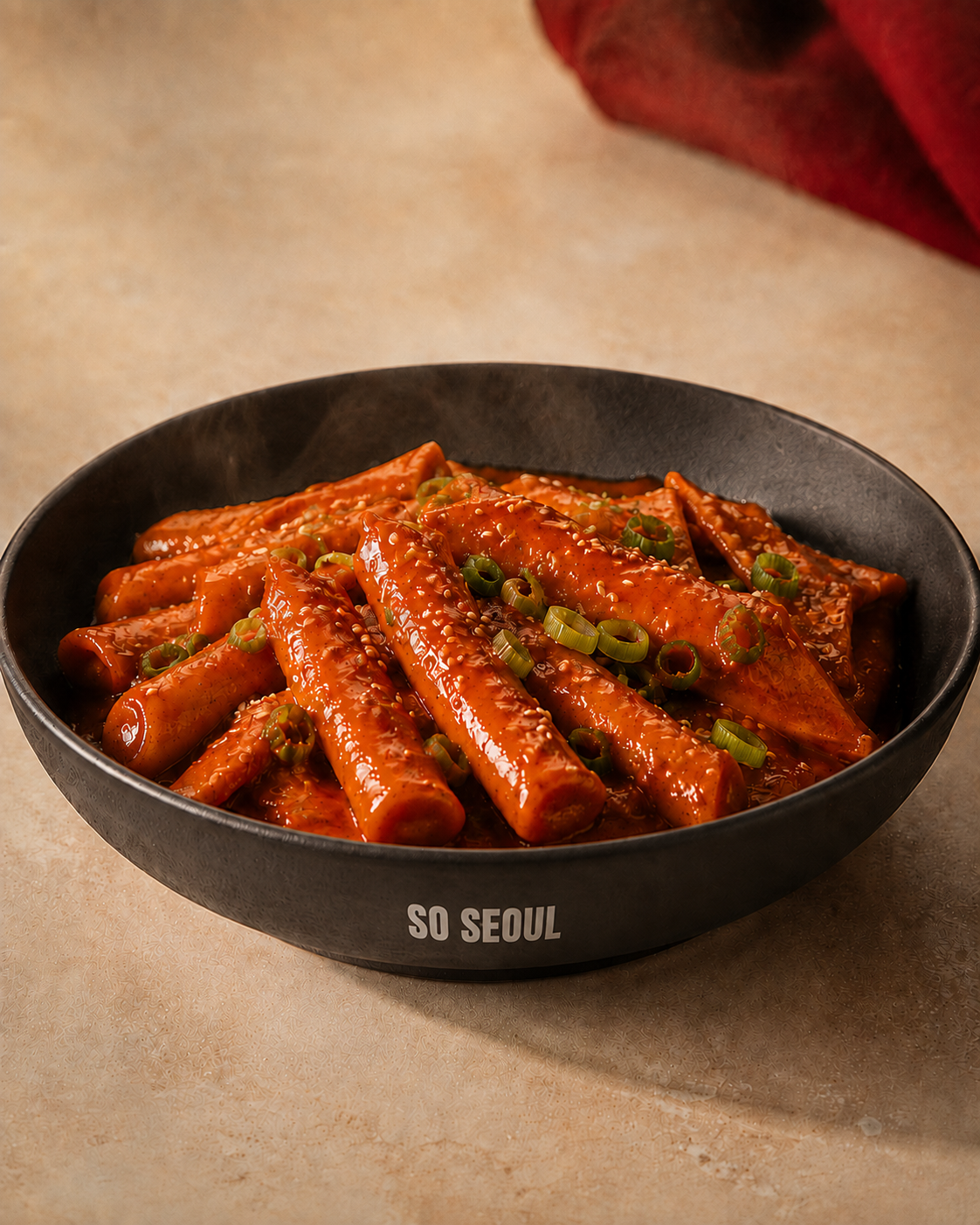 A So Seoul bowl of tteokbokki rice cakes in gochujang sauce with scallions.