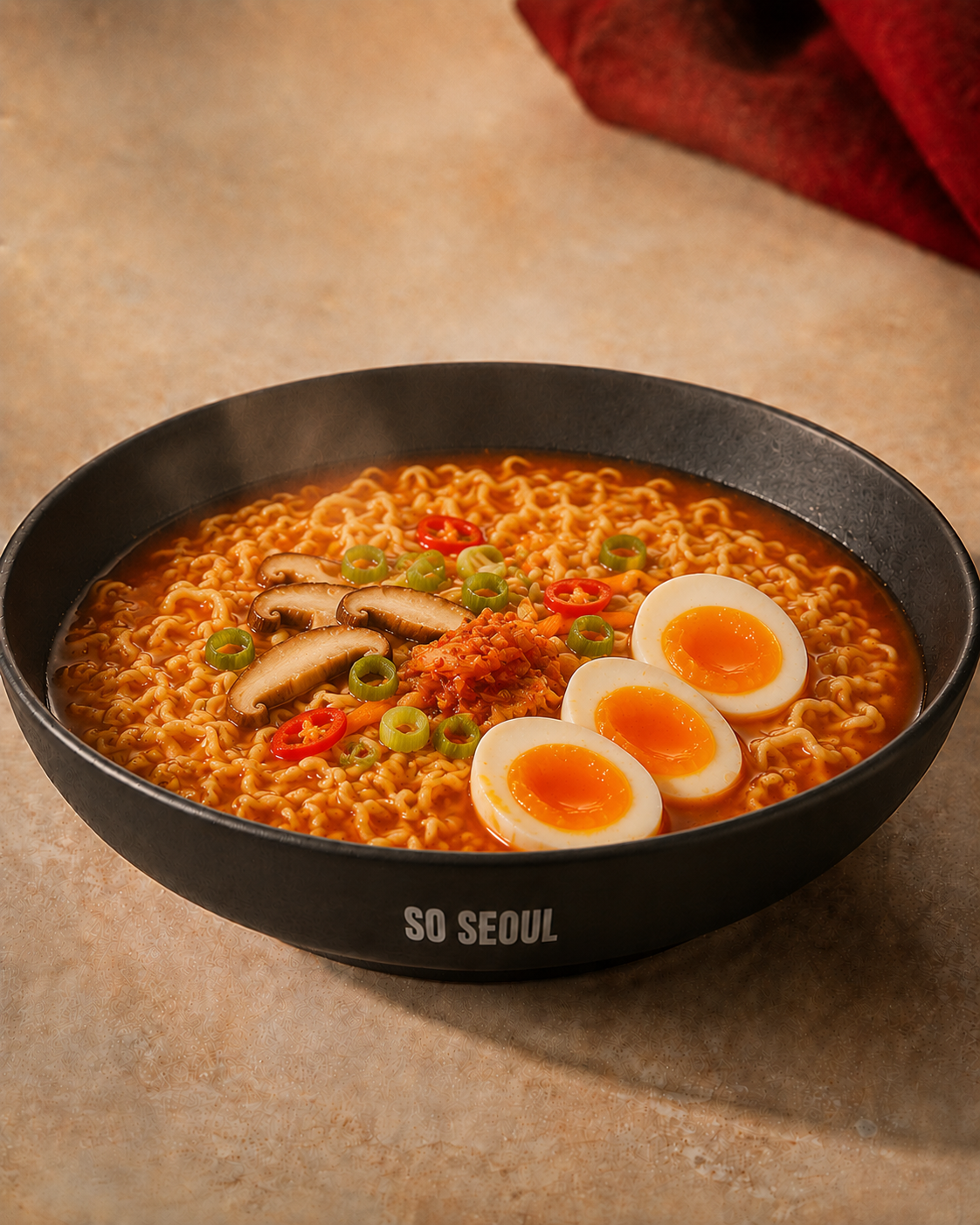 A So Seoul bowl of Korean ramyun with soft-boiled egg, shiitake mushrooms, kimchi and scallions.