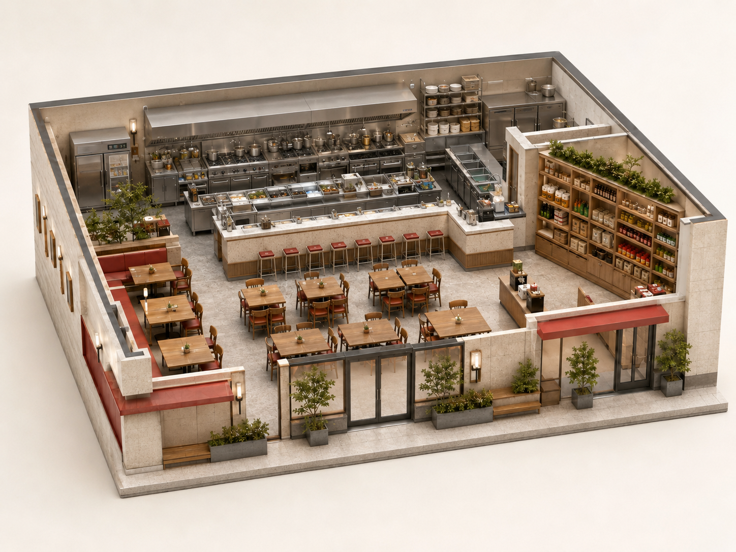 3D cutaway mockup of the So Seoul Korean Diner: a full-production kitchen with a long extraction hood, multiple ranges, hot-holding and prep line, walk-in refrigeration and dishwash area, opening onto a counter with stools, booth and table seating and a stocked retail shelf.