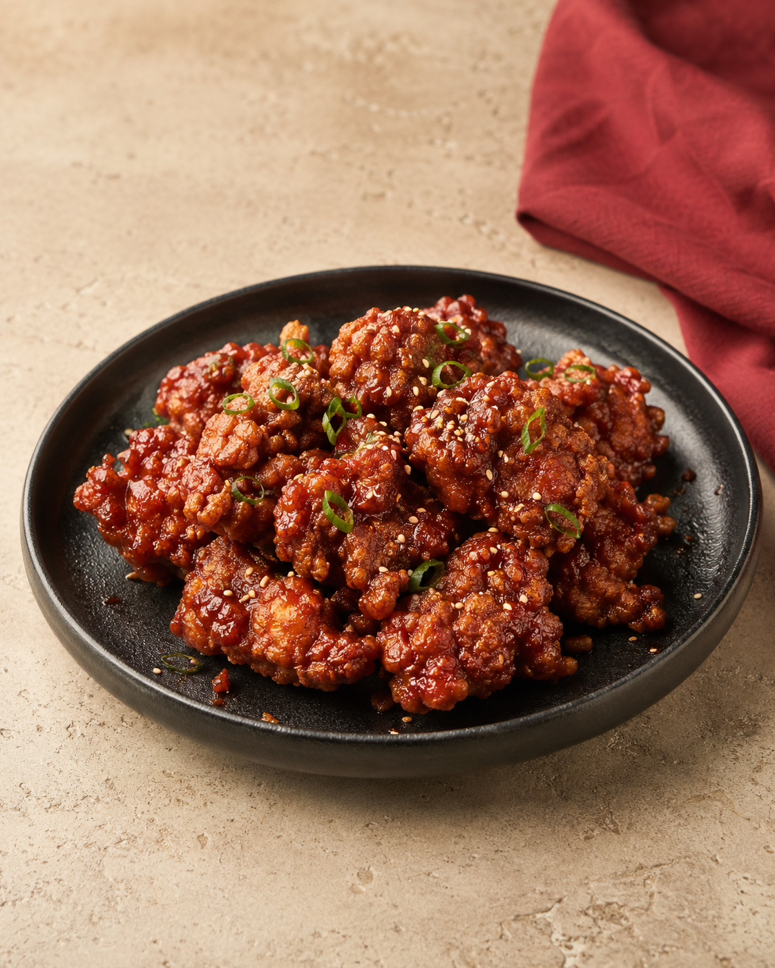 A black plate of crisp Korean fried chicken finished with a glossy Korean chilli glaze, sesame seeds and scallions.
