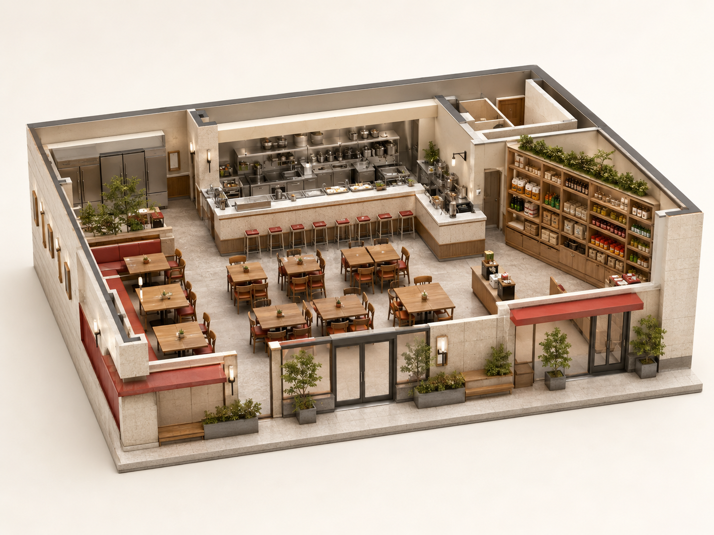 3D cutaway mockup of the larger So Seoul Korean Diner with full dine-in seating.