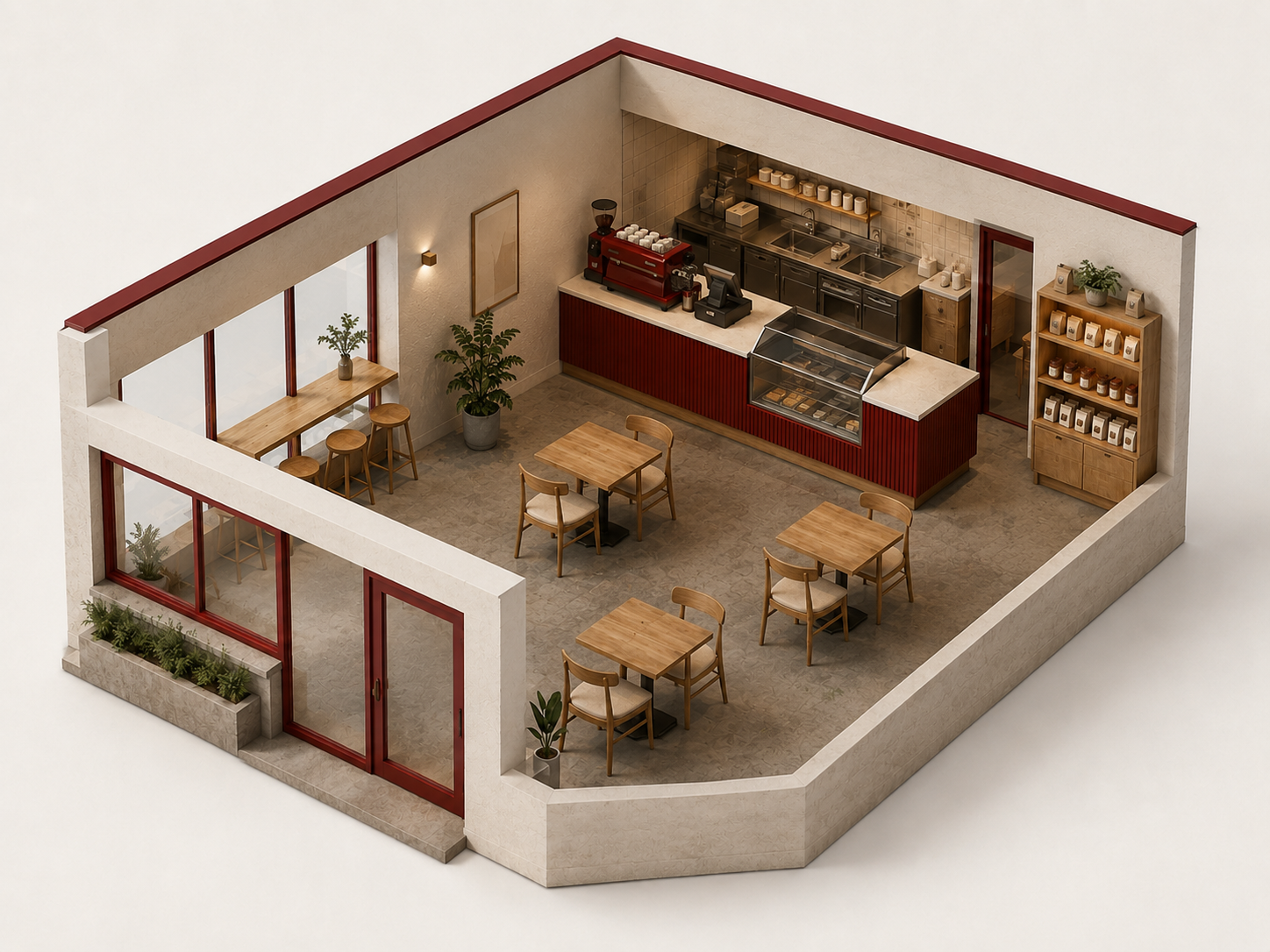 3D cutaway mockup of the So Seoul Café Mini with approximately 10 to 12 seats.
